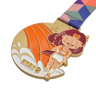 Custom with ribbon 2D metal orange girl sports gold marathon run finisher medals military ww2 storage