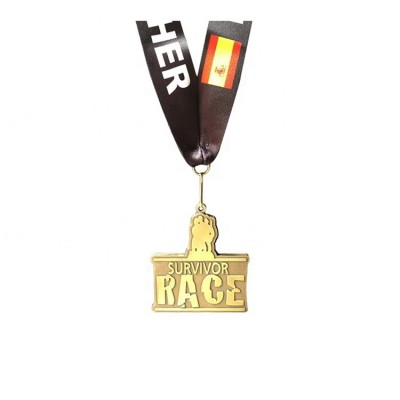 Plated gold custom metal race logo sports award medal with sublimation ribbon lanyard gymnastic purple heart spinning medals