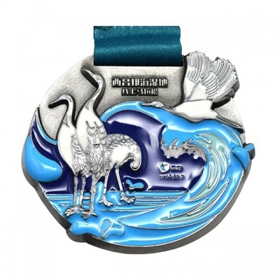 Cheap custom antique blue silver white crane animals souvenir glitter enamel marathon science metal medals with ribbon